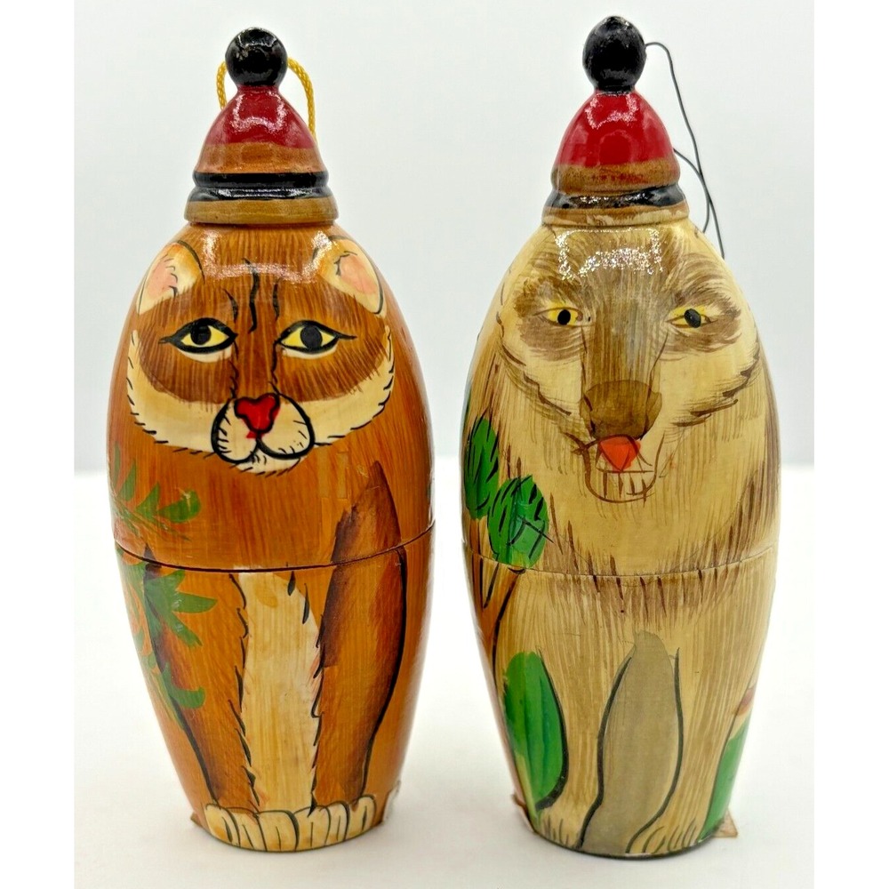 Vintage Wooden Rustic Ornaments Russian Like Handpainted Hollow Opening Set of 2